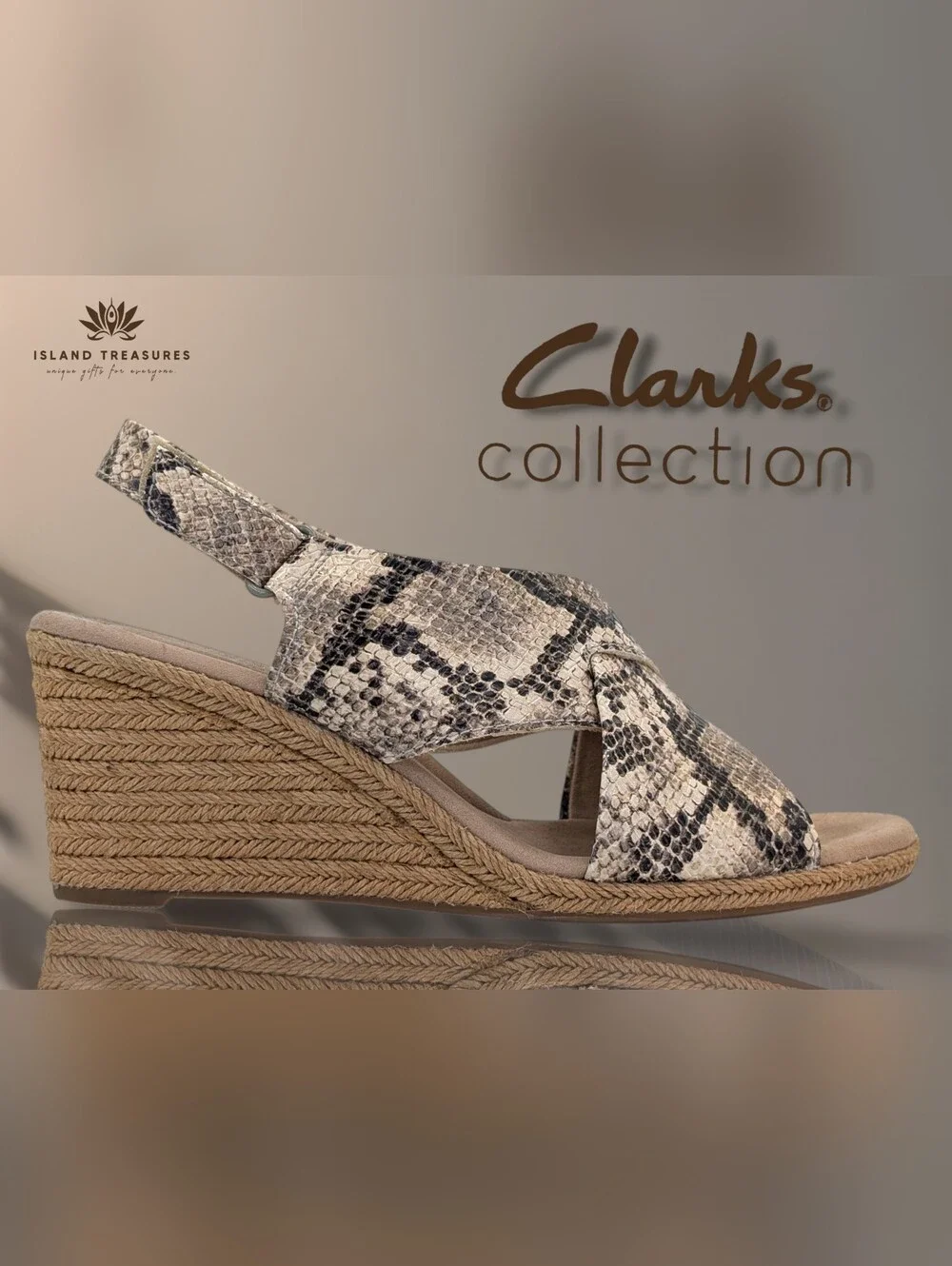 Clarks Collection Lafley Alaine Sz 9W Taupe Snake Print Espadrille Wedge Sandal